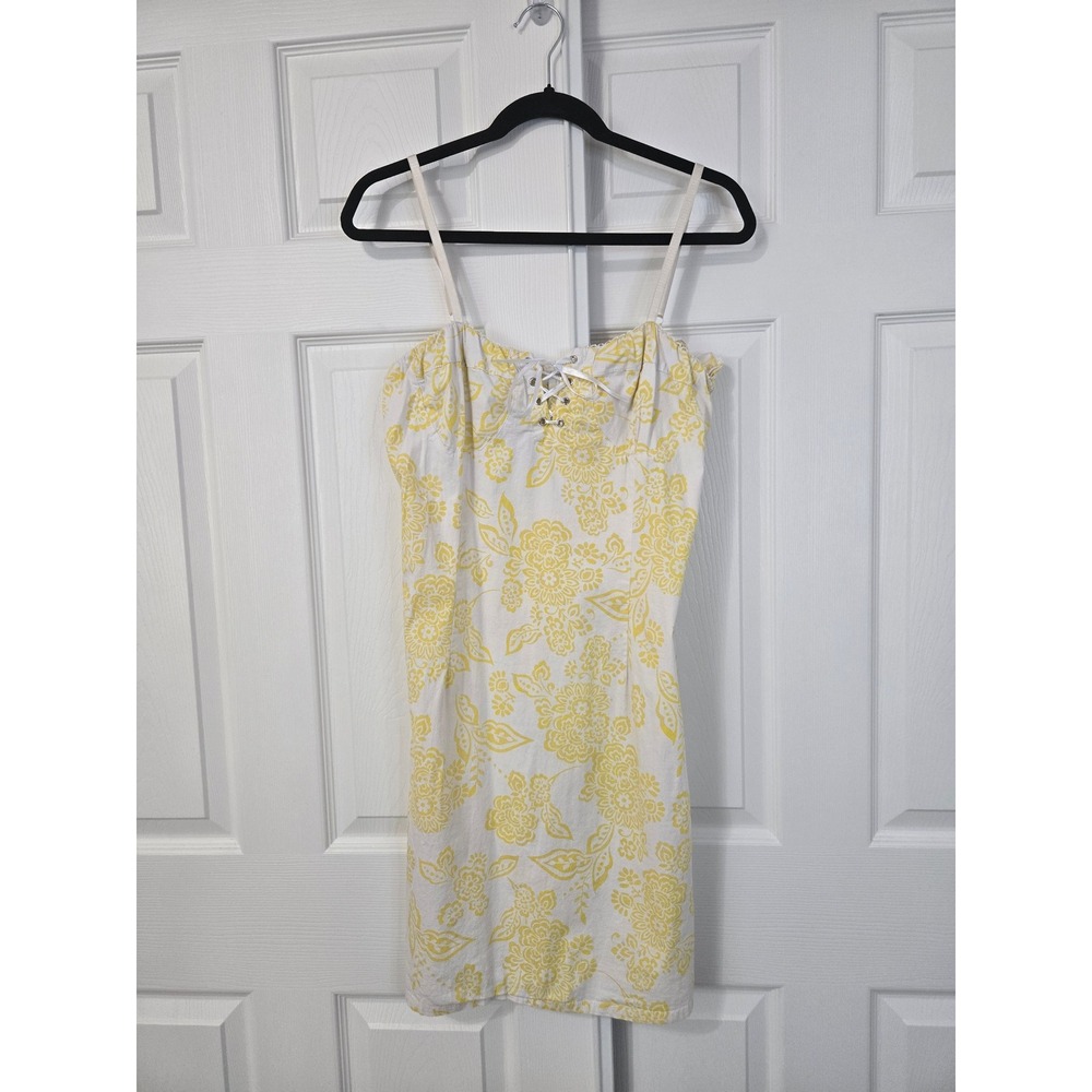 She's Cool Yellow White Floral Lace Up Mini Sundress Cotton Stretch Size L